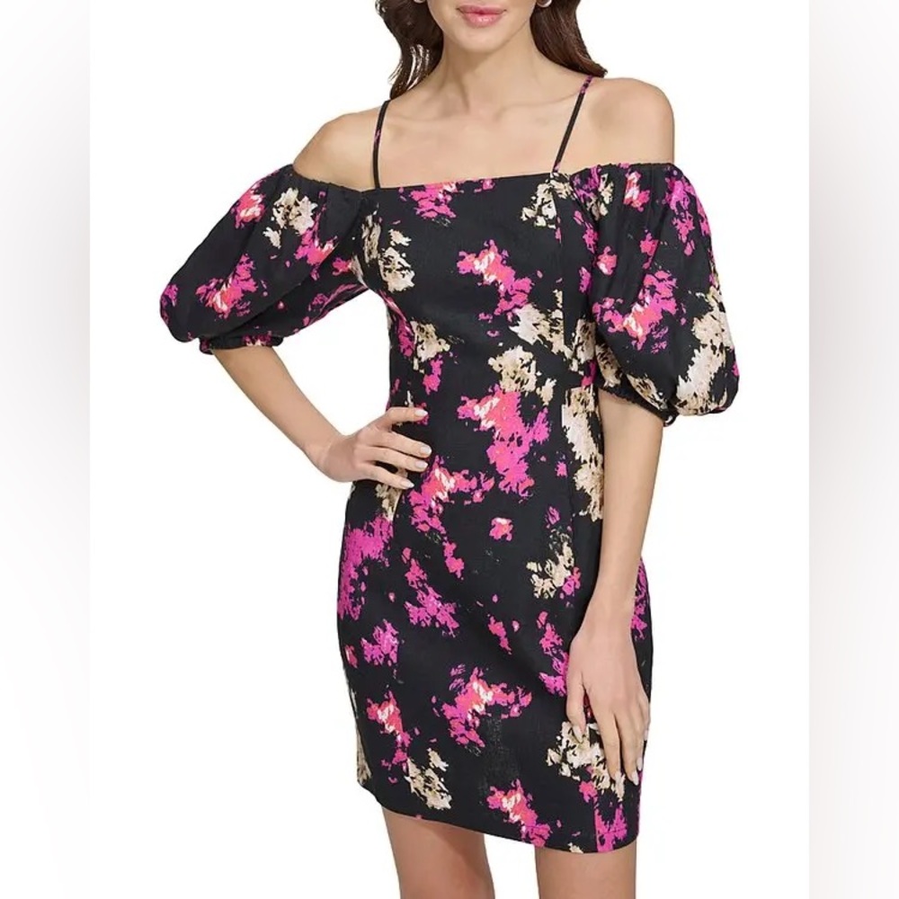 DKNY Off-The-Shoulder Puff Sleeve Mini Dress NWT - Picture 2 of 4